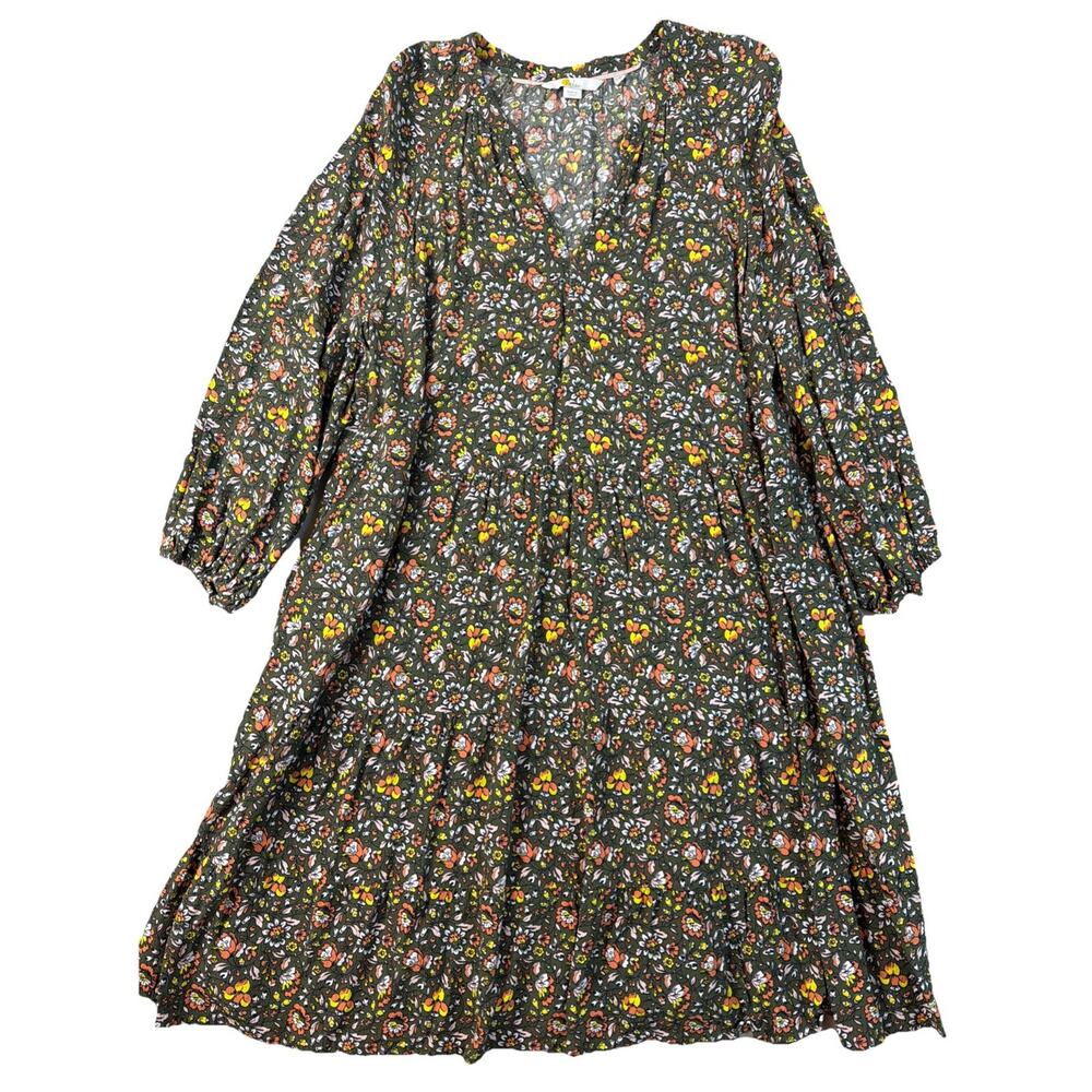 BODEN Dress Sz 14 Olive Floral Print Stretch 3/4 Sleeves Knee Tiered Cottagecore